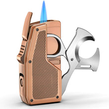 Load image into Gallery viewer, FANKAI 3-in-1 Cigar Lighter, 2 Jet Flame Torch Lighter with Scissors Cutter and Punch, Refillable Windproof Butane Lighter with Fuel Window
