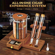 Load image into Gallery viewer, VALLUME Glass Humidor Jar with Dual Cigar Flavoring Tubes, Borosilicate Cigar Storage Case with Humidifier &amp; Hygrometer, Airtight Wooden Lid, Solid Wood Base with Drawer, Perfect Cigar Gift for Men

