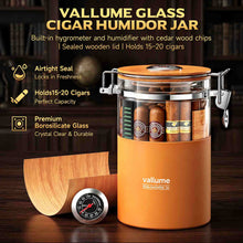 Load image into Gallery viewer, VALLUME Glass Humidor Jar with Hygrometer and Humidifier, Premium Cigar Storage Box with Silicone layer, Spanish Cedar Wood &amp; Airtight Wooden Lid, Holds Up to 20 Cigars
