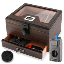 Load image into Gallery viewer, LIHTUN Cigar Humidor and Cigar Lighter Kit, Cedar Wood Cigar Case with Digital Hygrometer &amp; Lock, All In One Butane Lighter, Holds Up to 50 Cigars

