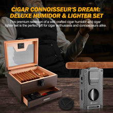 Load image into Gallery viewer, LIHTUN Cigar Humidor and Cigar Lighter Kit, Cedar Wood Cigar Case with Digital Hygrometer &amp; Lock, All In One Butane Lighter, Holds Up to 50 Cigars
