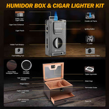 Load image into Gallery viewer, LIHTUN Cigar Humidor and Cigar Lighter Kit, Cedar Wood Cigar Case with Digital Hygrometer &amp; Lock, All In One Butane Lighter, Holds Up to 50 Cigars
