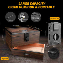 Load image into Gallery viewer, LIHTUN Cigar Humidor and Cigar Lighter Kit, Cedar Wood Cigar Case with Digital Hygrometer &amp; Lock, All In One Butane Lighter, Holds Up to 50 Cigars
