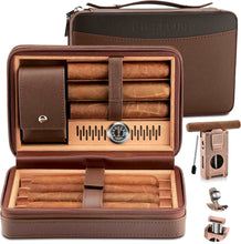 Load image into Gallery viewer, LIHTUN Cigar Humidor, Leather Cedar Wood Travel Cigar Case and Multifunctional 5-in-1 Cigar Lighter Set, Portable Humidor Box with hygrometer, Holds 7 Cigars

