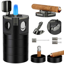 Load image into Gallery viewer, XIFEI 8-in-1 Tabletop Cigar Lighter, 4 Jet Flame Refillable Butane Torch Lighters, Straight Cutter, V-Cut Cutter, Cigar Punch, Cigar Stand, 3 Ashtrays, 3 Draw Enhancer Tools

