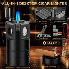 Load image into Gallery viewer, XIFEI 8-in-1 Tabletop Cigar Lighter, 4 Jet Flame Refillable Butane Torch Lighters, Straight Cutter, V-Cut Cutter, Cigar Punch, Cigar Stand, 3 Ashtrays, 3 Draw Enhancer Tools
