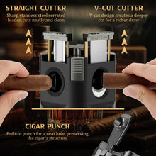 Load image into Gallery viewer, XIFEI 8-in-1 Tabletop Cigar Lighter, 4 Jet Flame Refillable Butane Torch Lighters, Straight Cutter, V-Cut Cutter, Cigar Punch, Cigar Stand, 3 Ashtrays, 3 Draw Enhancer Tools
