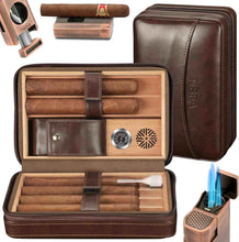 Load image into Gallery viewer, TISFA Cigar Humidor, Leather Cedar Wood Cigar Case with Cigar Lighter, V Cut Cigar Cutter, Cigar Holder 3 in 1, Portable Travel Cigar Humidor Box with Humidifier, Cigar Gift Set
