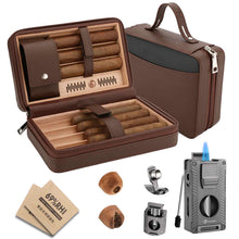 Load image into Gallery viewer, LIHTUN Cigar Humidor, Leather Cedar Wood Travel Cigar Case and Multifunctional 5-in-1 Cigar Lighter Set, Portable Humidor Box with hygrometer, Holds 7 Cigars
