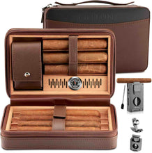 Load image into Gallery viewer, LIHTUN Cigar Humidor, Leather Cedar Wood Travel Cigar Case and Multifunctional 5-in-1 Cigar Lighter Set, Portable Humidor Box with hygrometer, Holds 7 Cigars

