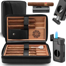 Load image into Gallery viewer, TISFA Cigar Humidor, Leather Cedar Wood Cigar Case with Cigar Lighter, V Cut Cigar Cutter, Cigar Holder 3 in 1, Portable Travel Cigar Humidor Box with Humidifier, Cigar Gift Set
