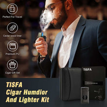 Load image into Gallery viewer, TISFA Cigar Humidor, Leather Cedar Wood Cigar Case with Cigar Lighter, V Cut Cigar Cutter, Cigar Holder 3 in 1, Portable Travel Cigar Humidor Box with Humidifier, Cigar Gift Set
