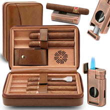 Load image into Gallery viewer, TISFA Cigar Humidor, Leather Cedar Wood Cigar Case with Cigar Lighter, V Cut Cigar Cutter, Cigar Holder 3 in 1, Portable Travel Cigar Humidor Box with Humidifier, Cigar Gift Set
