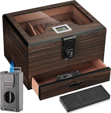 Load image into Gallery viewer, LIHTUN Cigar Humidor and Cigar Lighter Kit, Cedar Wood Cigar Case with Digital Hygrometer &amp; Lock, All In One Butane Lighter, Holds Up to 50 Cigars
