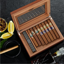 Load image into Gallery viewer, TISFA Cigar Humidor, Glass Top Cigar Box with Hygrometer Humidifier and Divider, Desktop Cedar Wood Storage Case Holds 20-30 Cigars
