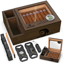 Load image into Gallery viewer, KEJIAR Wooden Humidor with Side Accessory Compartments, Glass Top Cigar Humidor with Digital Hygrometer, Adjustable Humidifier, Divider, Cigar Cutters, Holds Up to 20 Cigars
