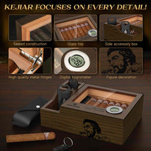 Load image into Gallery viewer, KEJIAR Wooden Humidor with Side Accessory Compartments, Glass Top Cigar Humidor with Digital Hygrometer, Adjustable Humidifier, Divider, Cigar Cutters, Holds Up to 20 Cigars
