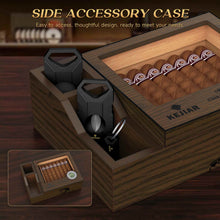 Load image into Gallery viewer, KEJIAR Wooden Humidor with Side Accessory Compartments, Glass Top Cigar Humidor with Digital Hygrometer, Adjustable Humidifier, Divider, Cigar Cutters, Holds Up to 20 Cigars

