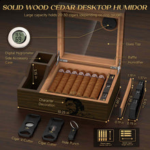 Load image into Gallery viewer, KEJIAR Wooden Humidor with Side Accessory Compartments, Glass Top Cigar Humidor with Digital Hygrometer, Adjustable Humidifier, Divider, Cigar Cutters, Holds Up to 20 Cigars

