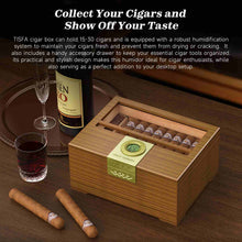 Load image into Gallery viewer, TISFA Wooden Humidor, Glass Top Cigar Box with Digital Hygrometer, Adjustable Humidifier, Accessories Drawer, Holds Up to 30 Cigars
