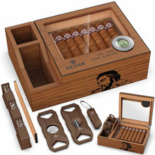 Load image into Gallery viewer, KEJIAR Wooden Humidor with Side Accessory Compartments, Glass Top Cigar Humidor with Digital Hygrometer, Adjustable Humidifier, Divider, Cigar Cutters, Holds Up to 20 Cigars
