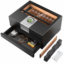 Load image into Gallery viewer, TISFA Wooden Humidor, Glass Top Cigar Box with Digital Hygrometer, Adjustable Humidifier, Accessories Drawer, Holds Up to 30 Cigars
