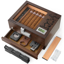 Load image into Gallery viewer, XIFEI Wooden Humidor with Combination Lock, Glass Top Cigar Humidor with Digital Hygrometer, Adjustable Humidifier, Divider, Accessories Drawer, Holds Up to 30 Cigars
