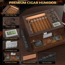 Load image into Gallery viewer, XIFEI Wooden Humidor with Combination Lock, Glass Top Cigar Humidor with Digital Hygrometer, Adjustable Humidifier, Divider, Accessories Drawer, Holds Up to 30 Cigars
