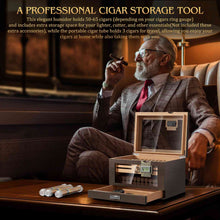 Load image into Gallery viewer, TISFA Wooden Humidor with 2 Digital Hygrometer, Cedar Wood Cigar Box with 2 Humidifiers, Cedar Tray, Divider, Accessory Drawer, Acrylic Travel Cigar Tube, Large Desktop Humidors Holds 50-65 Cigars
