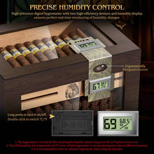 Load image into Gallery viewer, TISFA Wooden Humidor with 2 Digital Hygrometer, Cedar Wood Cigar Box with 2 Humidifiers, Cedar Tray, Divider, Accessory Drawer, Acrylic Travel Cigar Tube, Large Desktop Humidors Holds 50-65 Cigars
