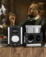 Load image into Gallery viewer, XIFEI Cigar Cutter V-Cut Guillotine,4 in 1 Straight Cut V Cutter with Cigar Punch Cigar Holder Stainless Steel Blade Ergonomic Design with Secure-Lock 60 RG Cigar Accessories (Black)
