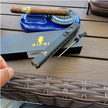 Load image into Gallery viewer, XIFEI Cigar Lighter, Cigar Punch, Cigar Draw Enhancer, Cigar Length Measuring Tools, All-in-one Refillable Butane Lighter, Windproof and Portable Pen Torch Lighter (Black)
